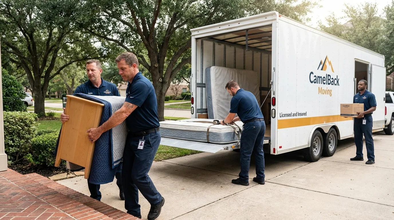 Crew loading residential truck for cross-state move from Denver City, TX