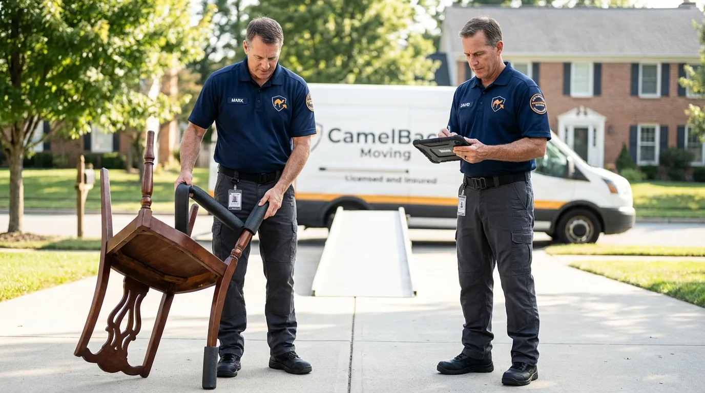 Movers inspecting furniture for damage prevention before loading in Denver City, TX