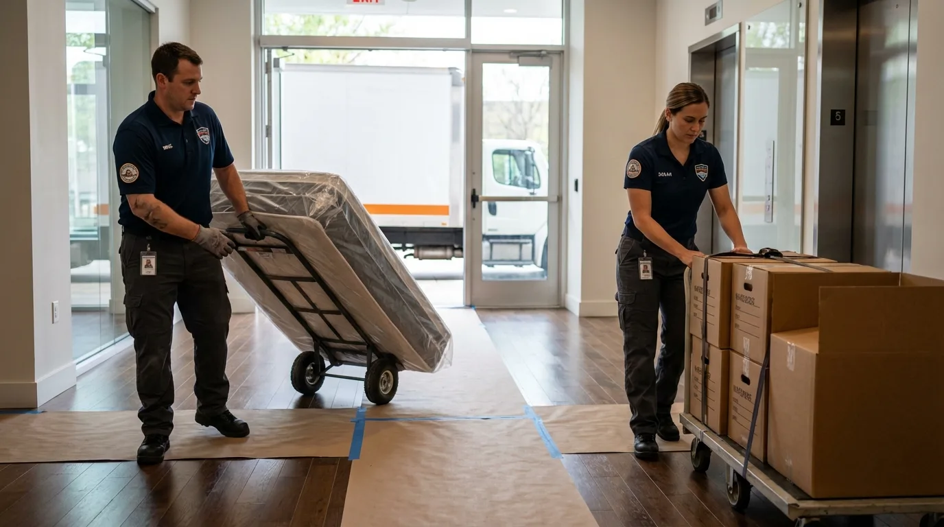 Professional apartment movers loading elevator in Denver City, TX