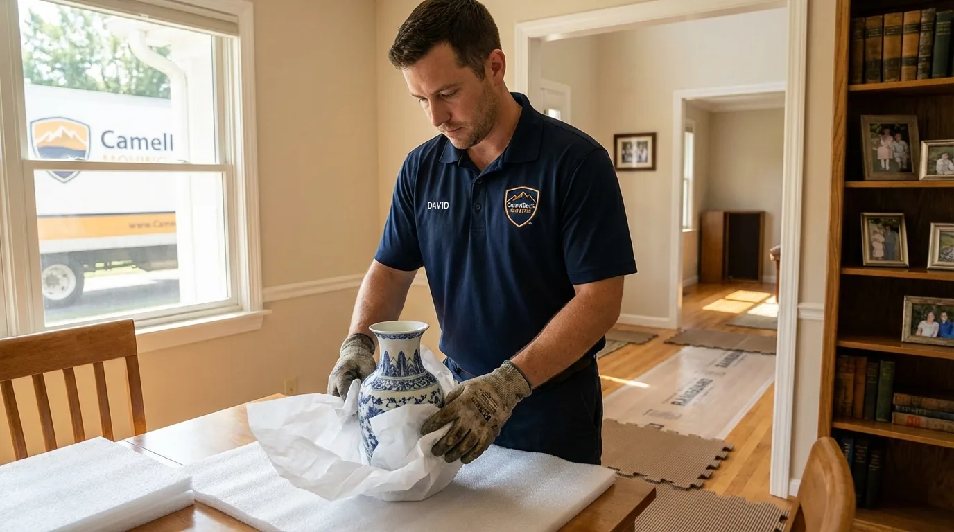 Professional crew carefully wrapping antique vase for senior downsizing move in Denver City, TX